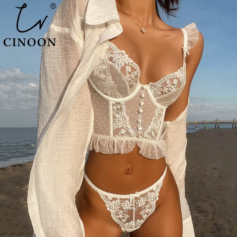 Lingerie Française Ensemble De Sous-Vêtements Sexy Pour Femmes Soutien-Gorge Push up Dentelle Soutien-Gorge Transparent Culotte Ensembles Mariage Blanc Mince Sous-Vêtements