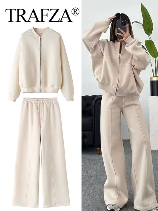 2024 Femme Solide Pantalon Ensemble Manches Longues Fermeture Éclair Manteau Haut + Taille Élastique À Lacets Sauvage Trajet Femme Jambe Large Pantalon Long