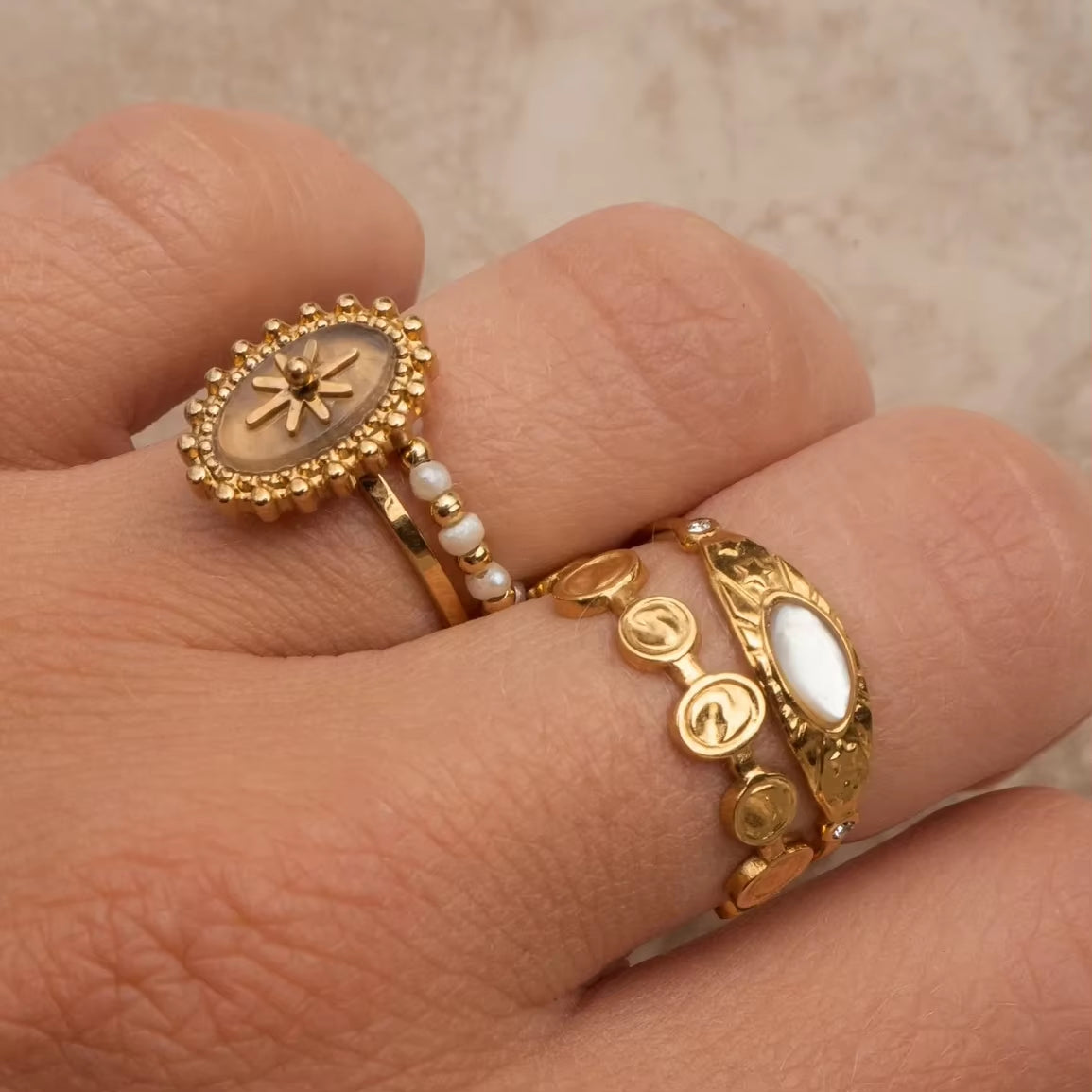 Uworld-Bague Vintage En Acier Inoxydable Plaqué or 16 Carats, Pierre Naturelle Blanche, Cubique, Contre-Indiqué, Design Étoile Du Soleil, Matiques Réglables