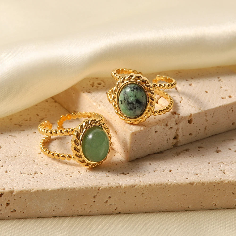 Uworld-Anneaux Ouverts En Acier Inoxydable Plaqué or 18 Carats, Pierre Naturelle, Turquoise Africaine, Agate, UL, Soleil