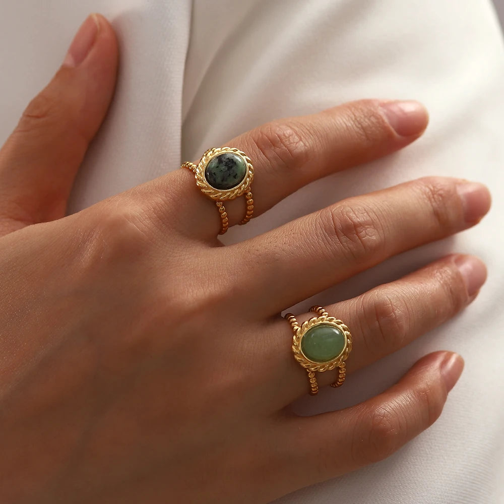 Uworld-Anneaux Ouverts En Acier Inoxydable Plaqué or 18 Carats, Pierre Naturelle, Turquoise Africaine, Agate, UL, Soleil