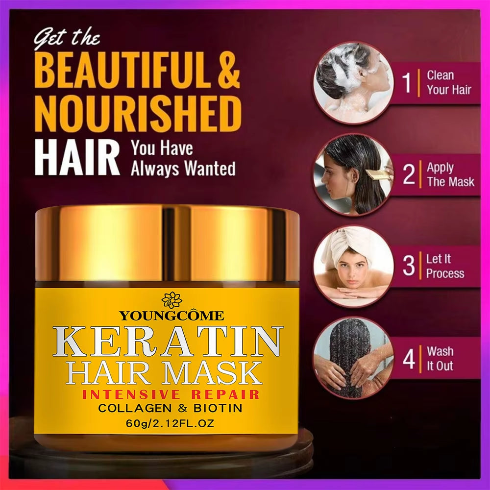 Masque Capillaire Réparateur, Biotine, Collagène, Kératine, Traitement Des Cheveux, Après-Shampooing, Huile Essentielle, Nourrissant Pour Les Cheveux Secs Et Endommagés
