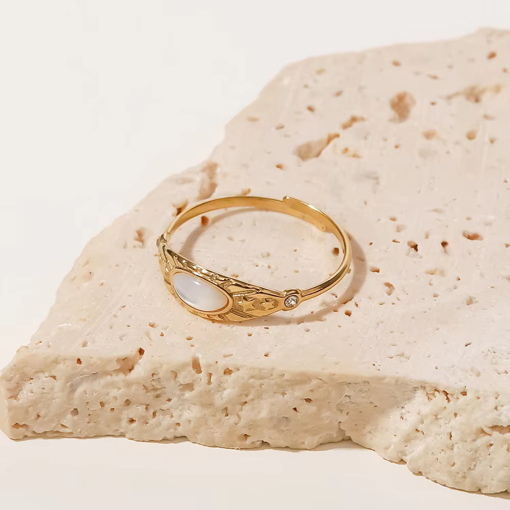 Uworld-Bague Vintage En Acier Inoxydable Plaqué or 16 Carats, Pierre Naturelle Blanche, Cubique, Contre-Indiqué, Design Étoile Du Soleil, Matiques Réglables
