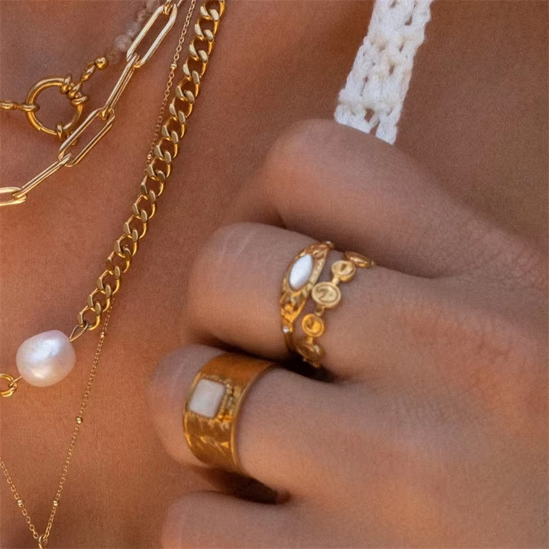Uworld-Bague Vintage En Acier Inoxydable Plaqué or 16 Carats, Pierre Naturelle Blanche, Cubique, Contre-Indiqué, Design Étoile Du Soleil, Matiques Réglables