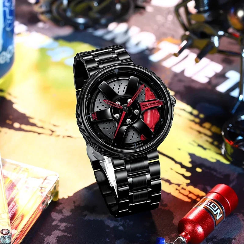 Cool Et Cool Mode Acier Inoxydable Hommes Montre-Bracelet À Quartz Cadran Sport Voiture Jante Roue Moyeu Montre Affaires Luxe Montres-Bracelets