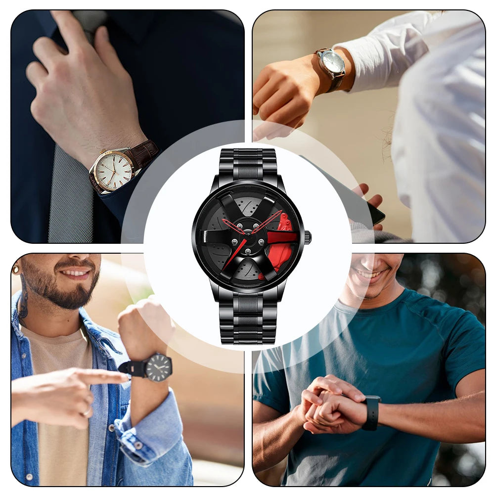 Cool Et Cool Mode Acier Inoxydable Hommes Montre-Bracelet À Quartz Cadran Sport Voiture Jante Roue Moyeu Montre Affaires Luxe Montres-Bracelets