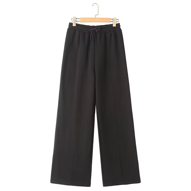 2024 Femme Solide Pantalon Ensemble Manches Longues Fermeture Éclair Manteau Haut + Taille Élastique À Lacets Sauvage Trajet Femme Jambe Large Pantalon Long