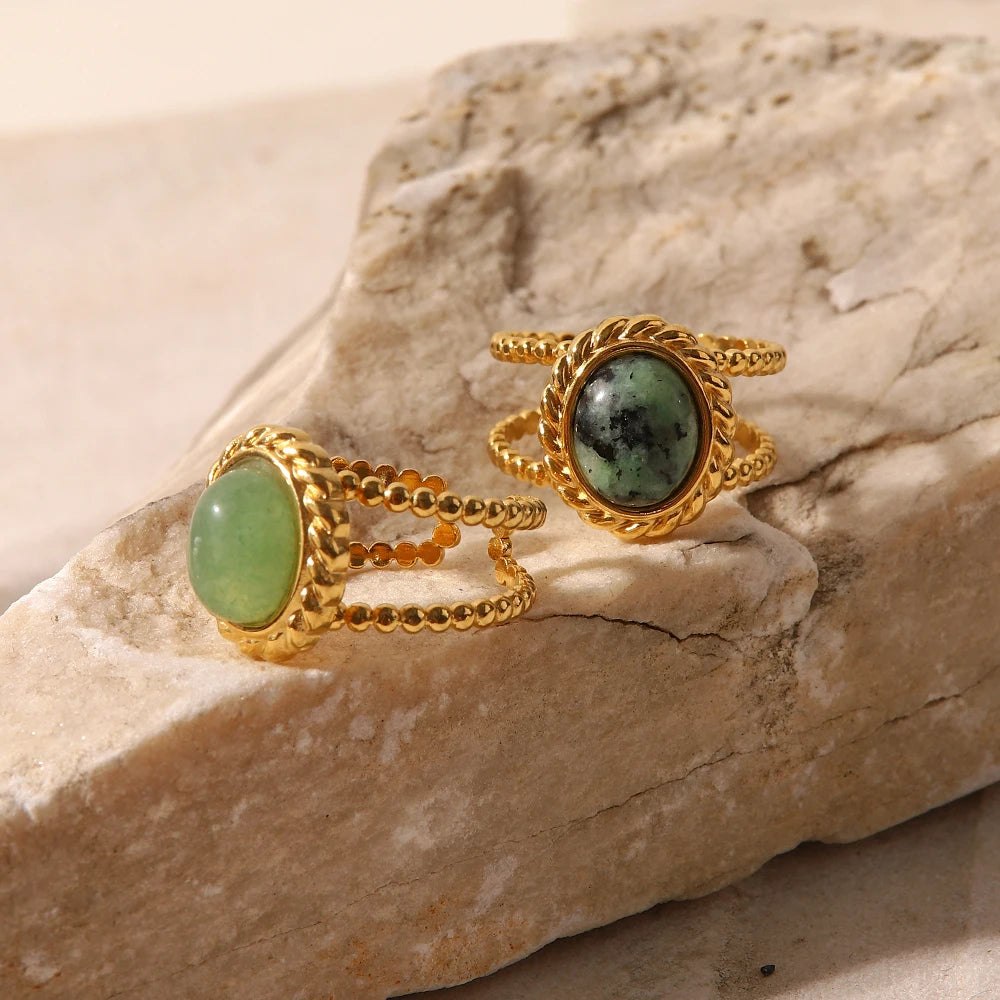 Uworld-Anneaux Ouverts En Acier Inoxydable Plaqué or 18 Carats, Pierre Naturelle, Turquoise Africaine, Agate, UL, Soleil