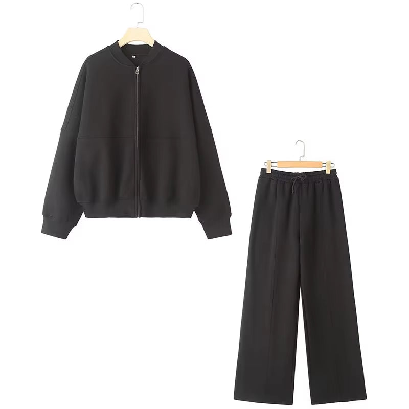2024 Femme Solide Pantalon Ensemble Manches Longues Fermeture Éclair Manteau Haut + Taille Élastique À Lacets Sauvage Trajet Femme Jambe Large Pantalon Long