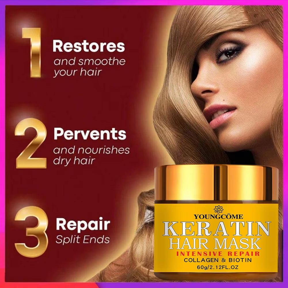 Masque Capillaire Réparateur, Biotine, Collagène, Kératine, Traitement Des Cheveux, Après-Shampooing, Huile Essentielle, Nourrissant Pour Les Cheveux Secs Et Endommagés