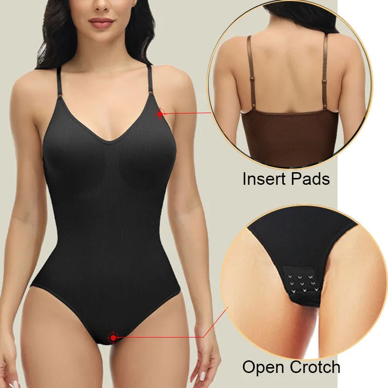Body À Bretelles Spaghetti Pour Femmes, Col En V, Avec Corps Rembourré, Entrejambe Ouvert, Vêtement Amincissant, Modelant Le Corps, Lisse, Nouvelle Collection