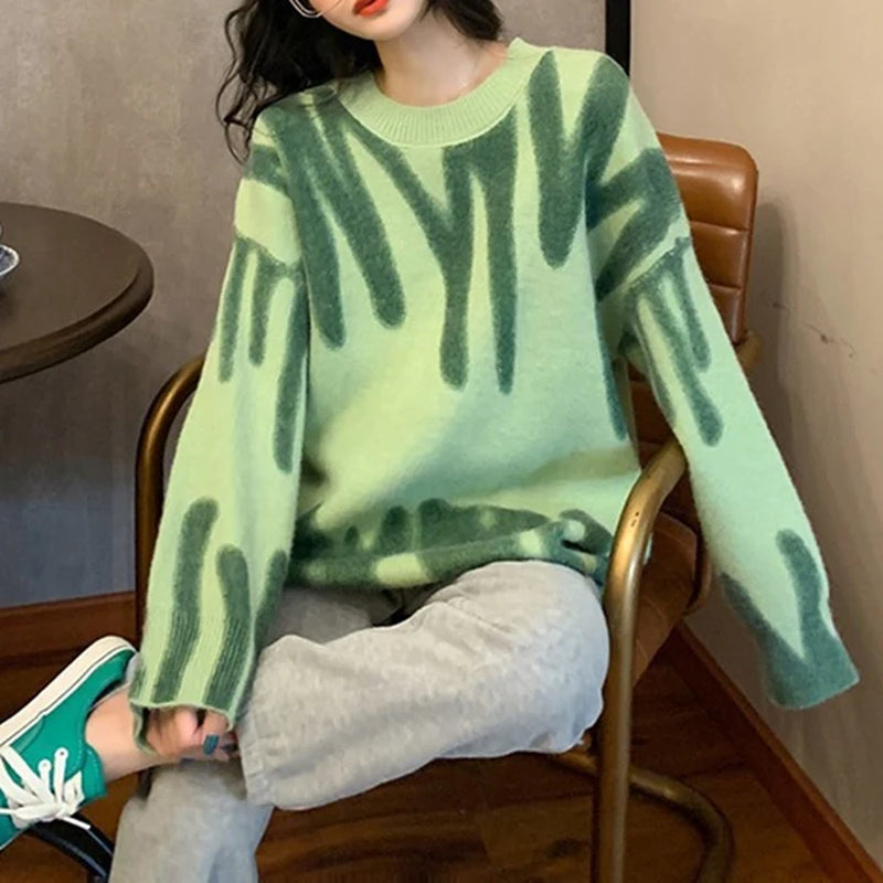 Pull Rayé Vert Pour Femme, Long, Élégant, Chaud, Streetwear, Collection Hiver 2022