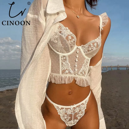 Lingerie Française Ensemble De Sous-Vêtements Sexy Pour Femmes Soutien-Gorge Push up Dentelle Soutien-Gorge Transparent Culotte Ensembles Mariage Blanc Mince Sous-Vêtements