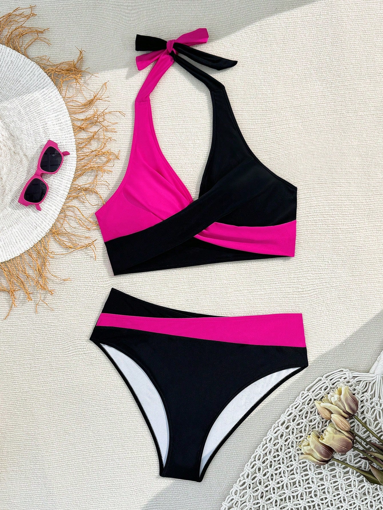 Slayr plus Size Beachwear Set with Color Block Halter Neck Bikini and Bottom, Summer,Summer Beach