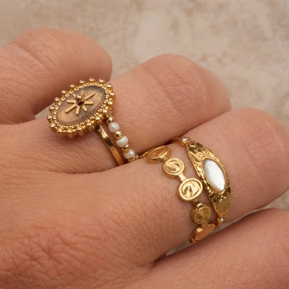 Uworld-Bague Vintage En Acier Inoxydable Plaqué or 16 Carats, Pierre Naturelle Blanche, Cubique, Contre-Indiqué, Design Étoile Du Soleil, Matiques Réglables