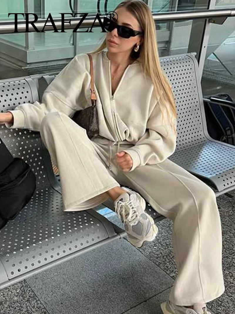 2024 Femme Solide Pantalon Ensemble Manches Longues Fermeture Éclair Manteau Haut + Taille Élastique À Lacets Sauvage Trajet Femme Jambe Large Pantalon Long