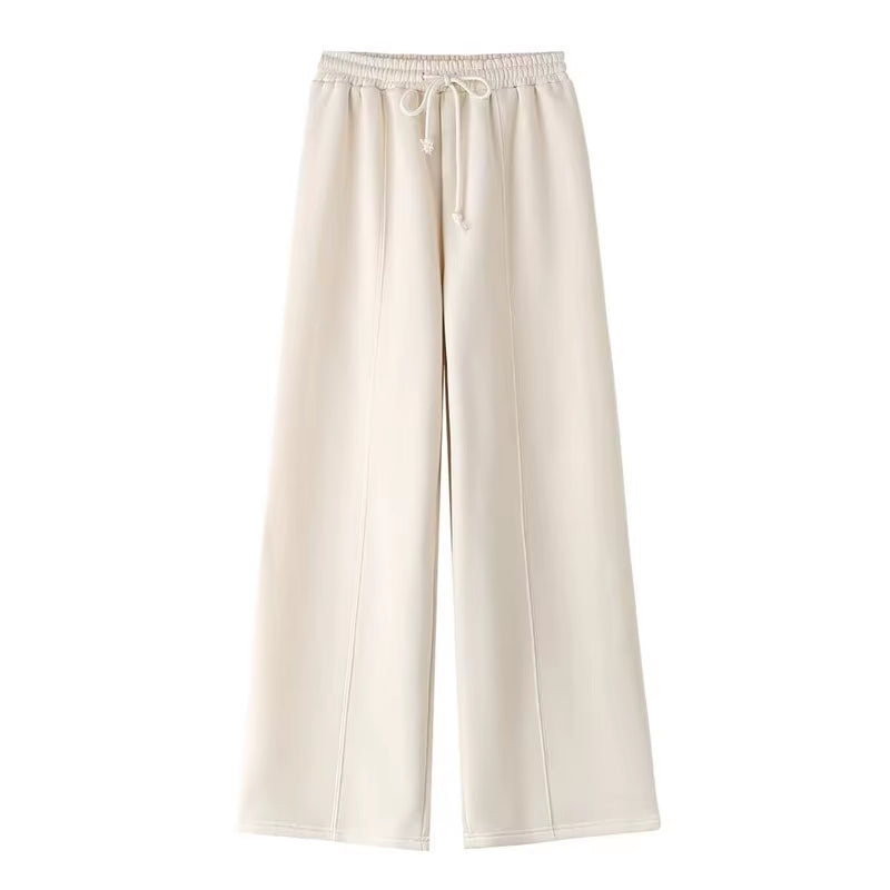 2024 Femme Solide Pantalon Ensemble Manches Longues Fermeture Éclair Manteau Haut + Taille Élastique À Lacets Sauvage Trajet Femme Jambe Large Pantalon Long