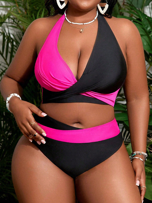 Slayr plus Size Beachwear Set with Color Block Halter Neck Bikini and Bottom, Summer,Summer Beach