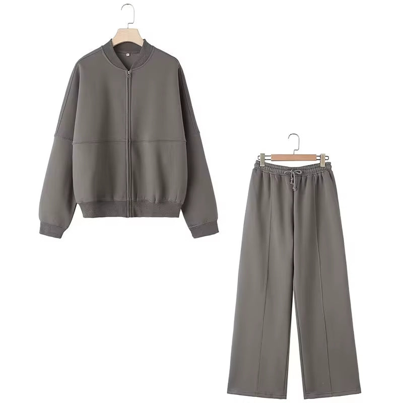 2024 Femme Solide Pantalon Ensemble Manches Longues Fermeture Éclair Manteau Haut + Taille Élastique À Lacets Sauvage Trajet Femme Jambe Large Pantalon Long