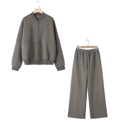 2024 Femme Solide Pantalon Ensemble Manches Longues Fermeture Éclair Manteau Haut + Taille Élastique À Lacets Sauvage Trajet Femme Jambe Large Pantalon Long