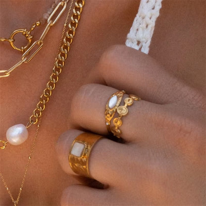 Uworld-Bague Vintage En Acier Inoxydable Plaqué or 16 Carats, Pierre Naturelle Blanche, Cubique, Contre-Indiqué, Design Étoile Du Soleil, Matiques Réglables