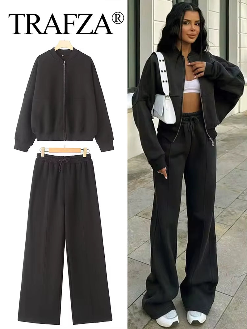 2024 Femme Solide Pantalon Ensemble Manches Longues Fermeture Éclair Manteau Haut + Taille Élastique À Lacets Sauvage Trajet Femme Jambe Large Pantalon Long