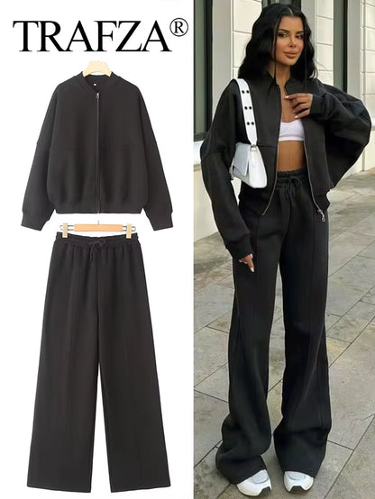 2024 Femme Solide Pantalon Ensemble Manches Longues Fermeture Éclair Manteau Haut + Taille Élastique À Lacets Sauvage Trajet Femme Jambe Large Pantalon Long