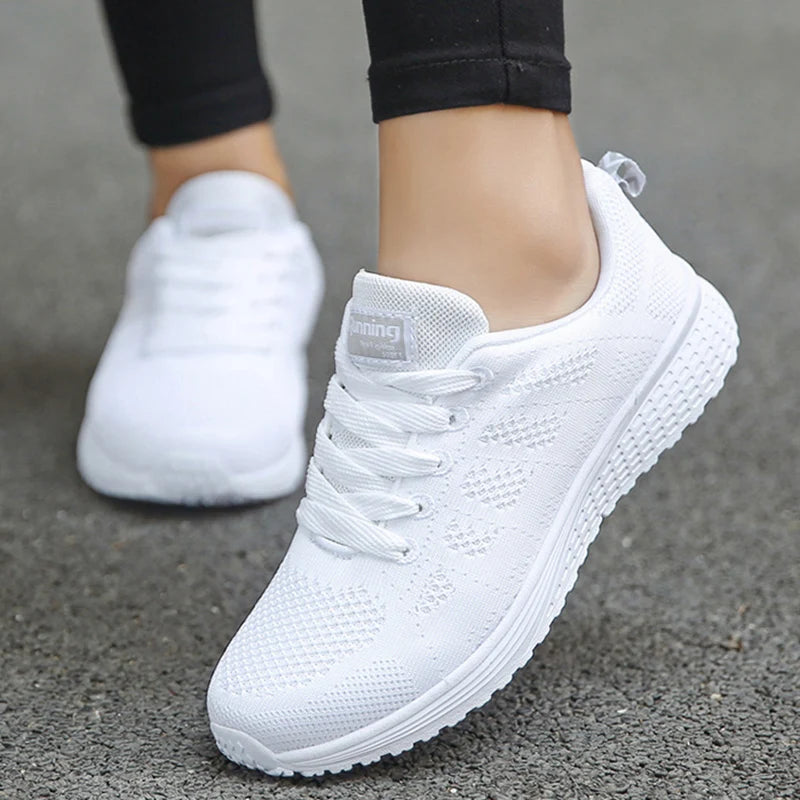 Femmes Chaussures Décontractées Mode Respirant Marche Maille Chaussures Plates Baskets Femmes Salle De Sport Chaussures Vulcanisées Blanc Chaussures Femme
