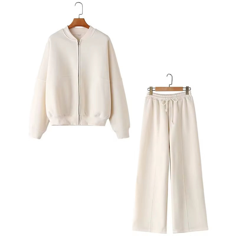 2024 Femme Solide Pantalon Ensemble Manches Longues Fermeture Éclair Manteau Haut + Taille Élastique À Lacets Sauvage Trajet Femme Jambe Large Pantalon Long
