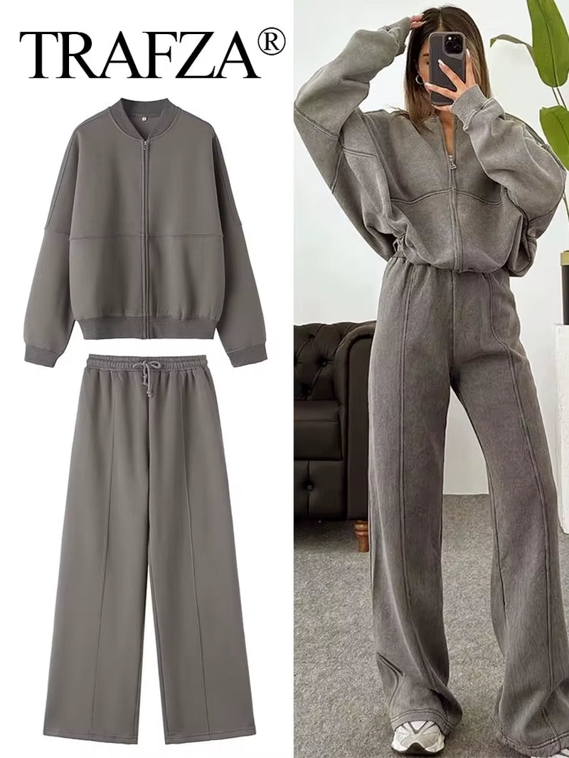 2024 Femme Solide Pantalon Ensemble Manches Longues Fermeture Éclair Manteau Haut + Taille Élastique À Lacets Sauvage Trajet Femme Jambe Large Pantalon Long