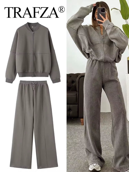 2024 Femme Solide Pantalon Ensemble Manches Longues Fermeture Éclair Manteau Haut + Taille Élastique À Lacets Sauvage Trajet Femme Jambe Large Pantalon Long
