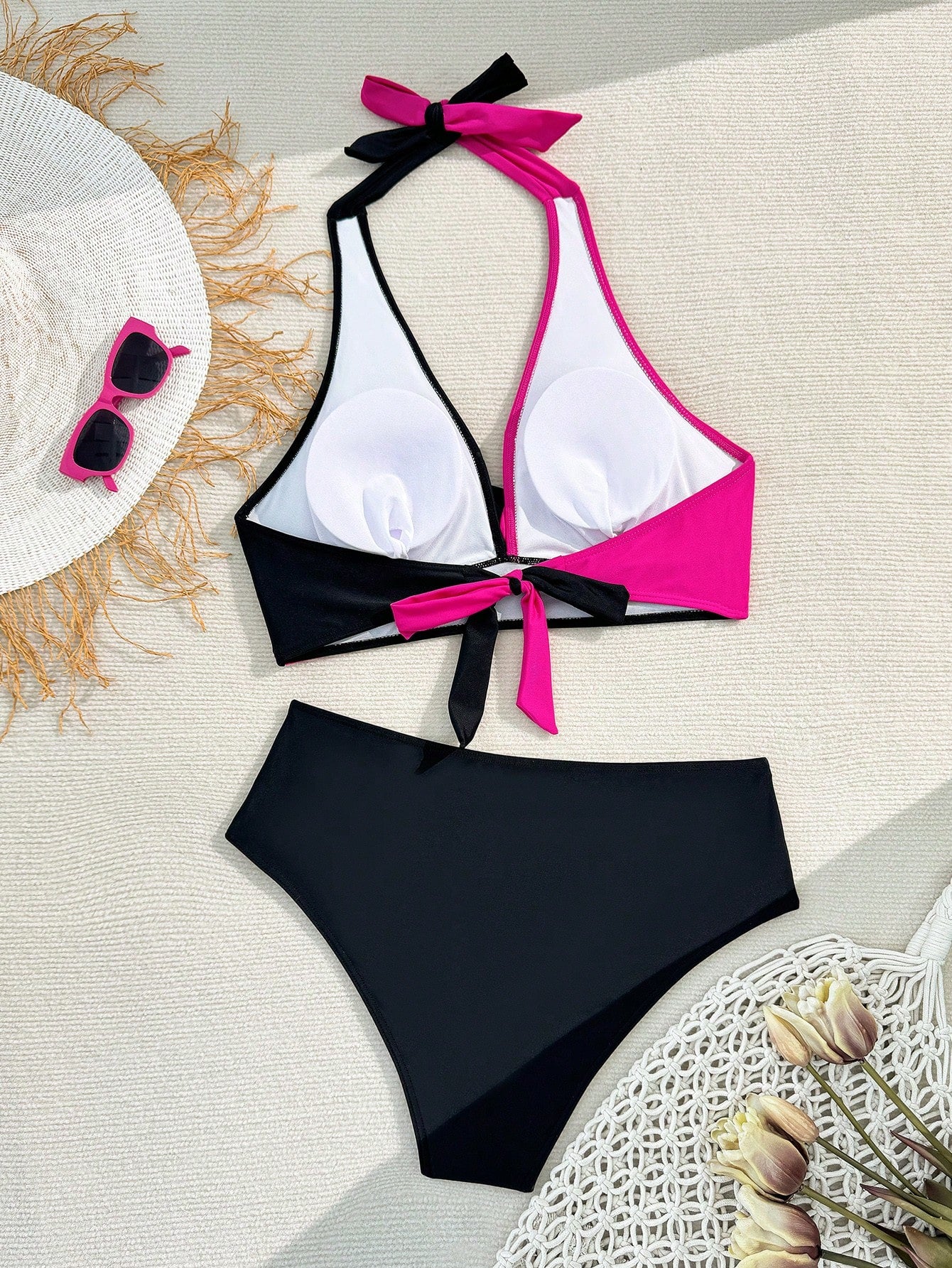 Slayr plus Size Beachwear Set with Color Block Halter Neck Bikini and Bottom, Summer,Summer Beach
