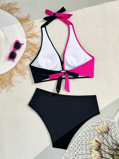 Slayr plus Size Beachwear Set with Color Block Halter Neck Bikini and Bottom, Summer,Summer Beach