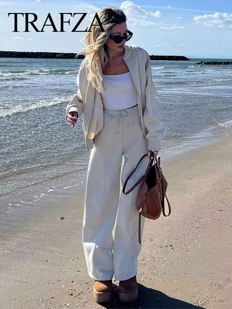 2024 Femme Solide Pantalon Ensemble Manches Longues Fermeture Éclair Manteau Haut + Taille Élastique À Lacets Sauvage Trajet Femme Jambe Large Pantalon Long
