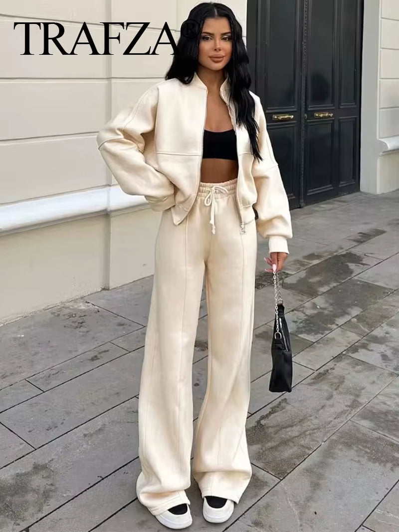 2024 Femme Solide Pantalon Ensemble Manches Longues Fermeture Éclair Manteau Haut + Taille Élastique À Lacets Sauvage Trajet Femme Jambe Large Pantalon Long