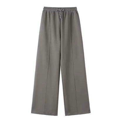 2024 Femme Solide Pantalon Ensemble Manches Longues Fermeture Éclair Manteau Haut + Taille Élastique À Lacets Sauvage Trajet Femme Jambe Large Pantalon Long