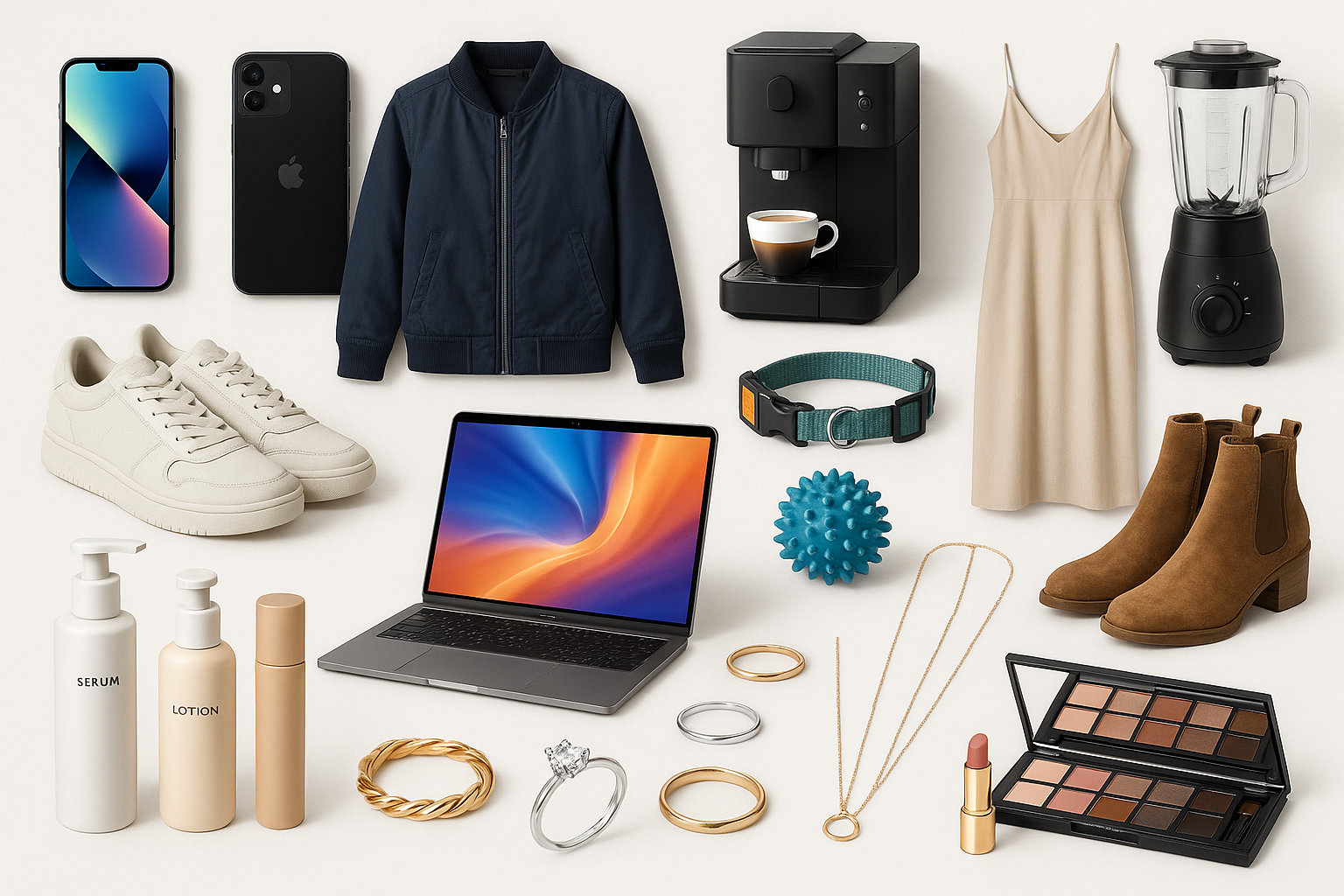 image de plusieurs produits electroniques electromenagers vetements chaussures telephone portable ordinateurs objet pour animaux bijoux et beauté 